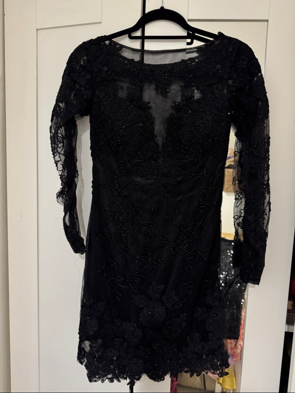 Black Beaded Lace Long-Sleeve Dress